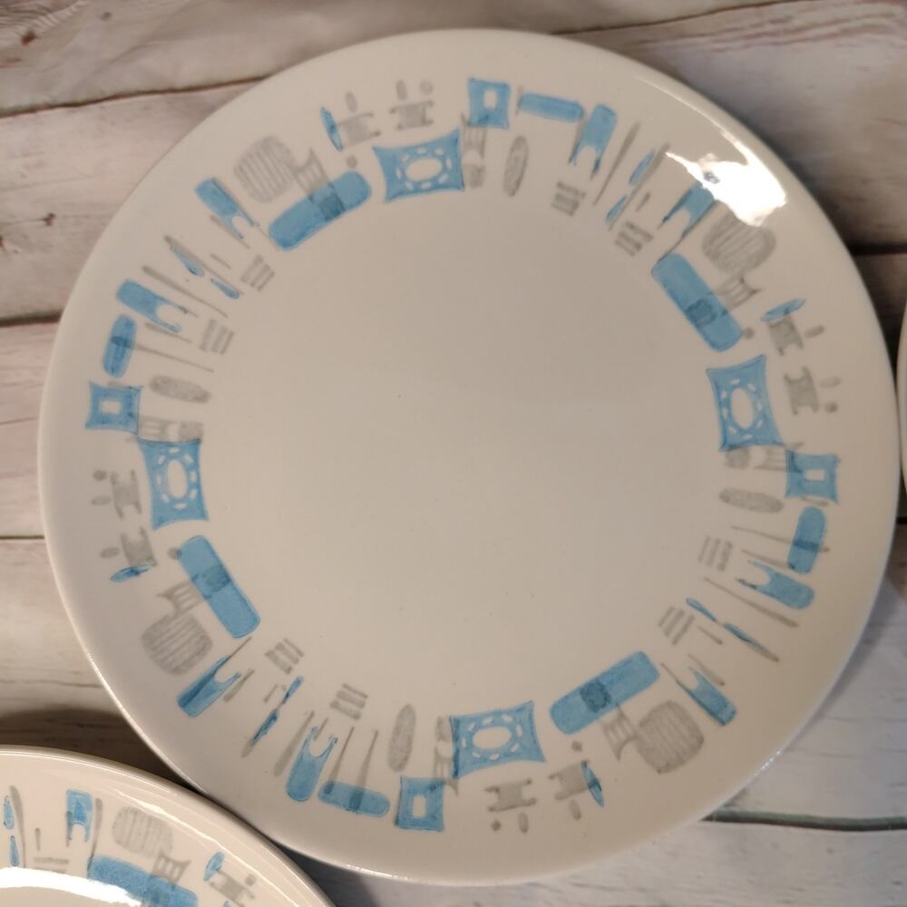 Royal China Blue Heaven Atomic 10 1/8" Set of 5 Dinner Plates White Blue Gray